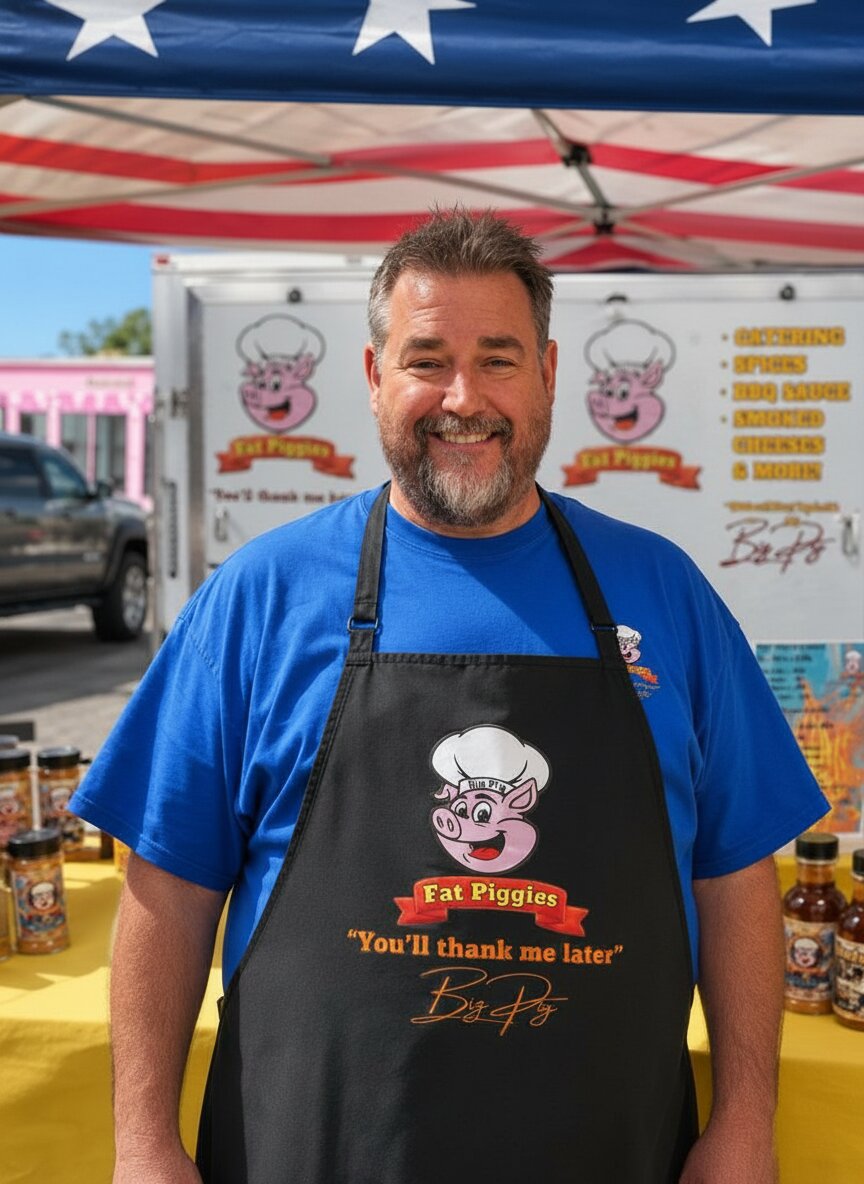 Russell Bates — owner of Fat Piggies, at his market booth