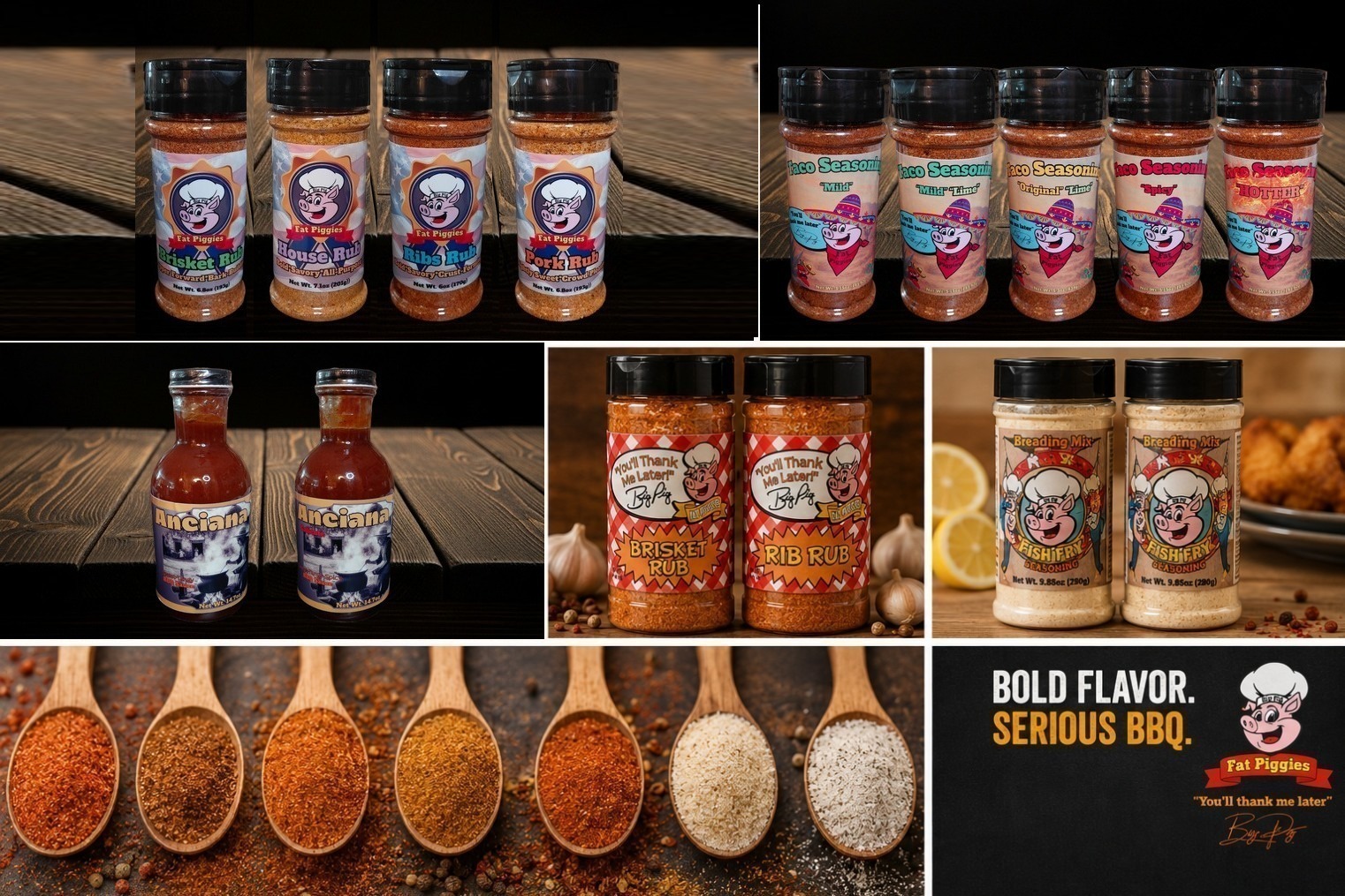 The Fat Piggies lineup — rubs, taco seasonings, Anciana sauces, and fish fry breading mix